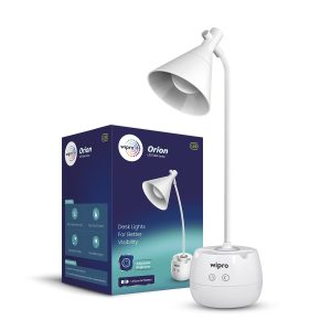 wipro orion 6w rechargeable led table lamp |3 grade dimming with night light |adjustable desk lamp for study |mobile holder |with pen stand | li ion battery, abs, white (pack of 1)